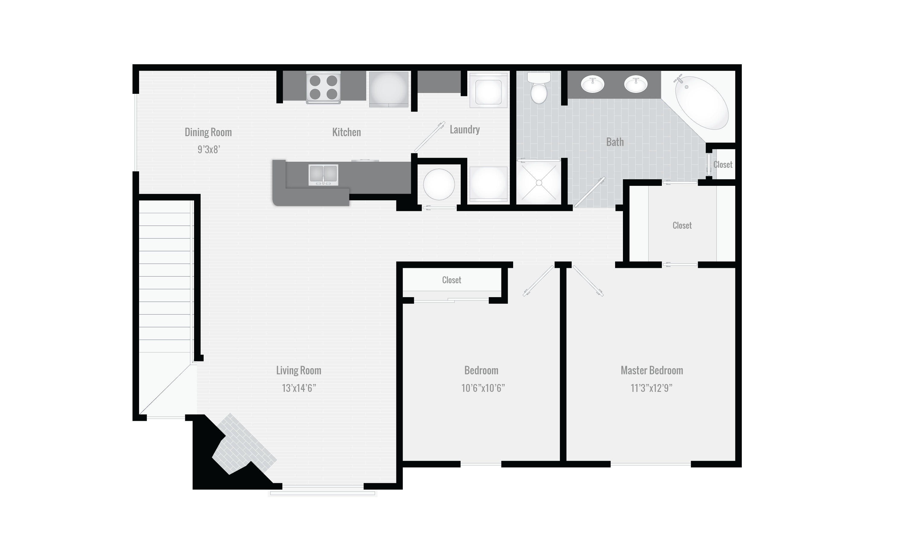 Floor plan for 2 beds, 1 bath, 1057 sqft